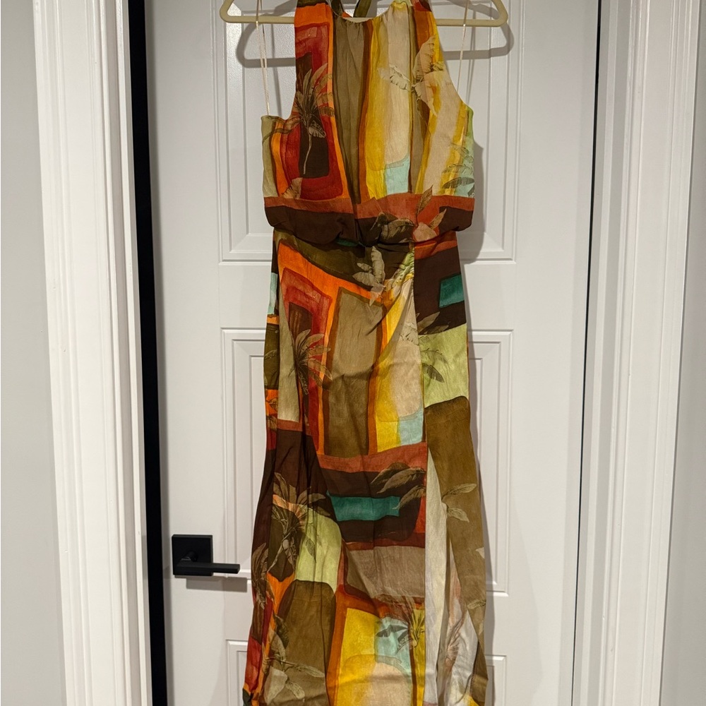 Zara Multicolor Geo Print Maxi Dress in Orange, Brown & Teal